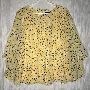 NWT Black Label By Evan Picone Top Womens Size XL Yellow Floral 3/4 Bell Sleeves